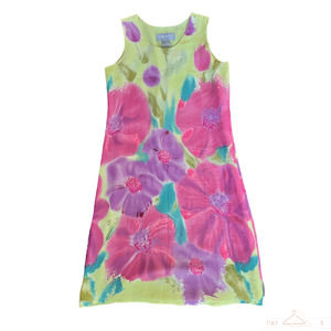 Carol Anderson 100% Silk Chiffon Sleeveless Dress Floral Green Pink Purple Small